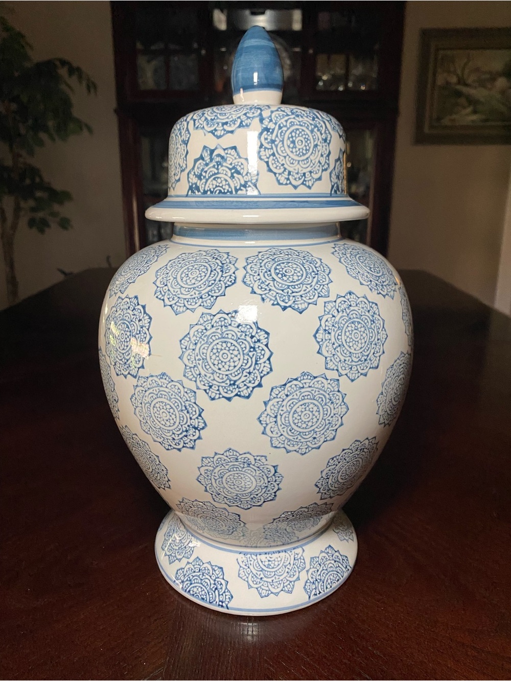 Blue and White Decorative Ceramic Lidded Ginger Jar - Home Art 9x14